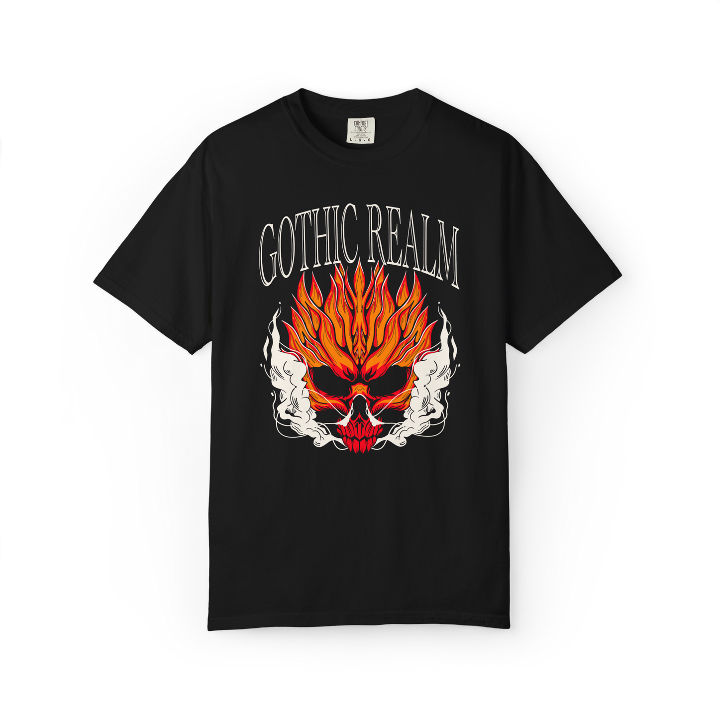 Black t-shirt featuring a red-orange flaming skull with smoke and the text "GOTHIC REALM" across the top.