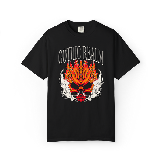 Black t-shirt featuring a red-orange flaming skull with smoke and the text "GOTHIC REALM" across the top.